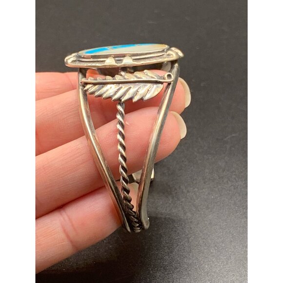 Native Cuff bracelet Mother of Pearl and Turquoise sterling silver bracelet - Picture 4 of 7